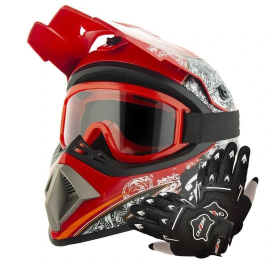 Atv akčný set: Helma racing TATAN červená S (55-56) + rukavice a okuliare