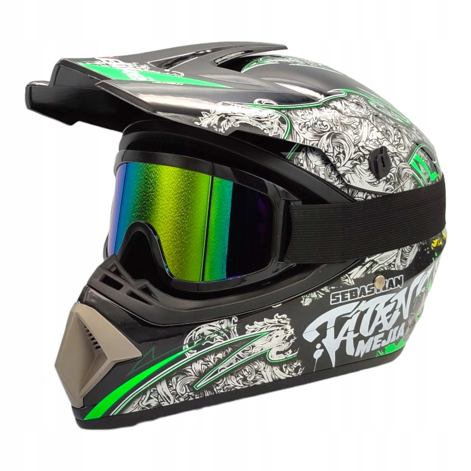 Výhodný MOTO SET: čierno zelená helma a ochranné okuliare