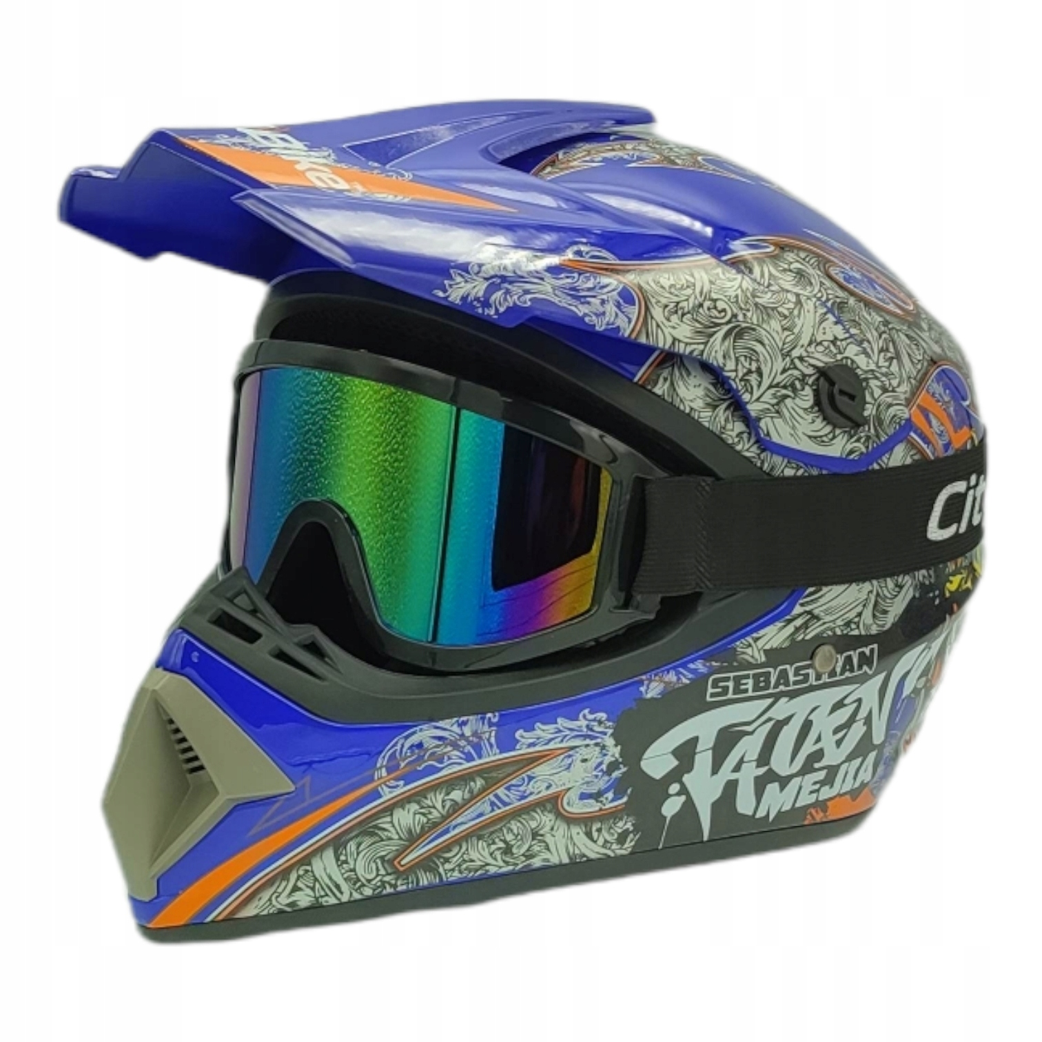 Výhodný MOTO SET:  modrá helma a ochranné okuliare