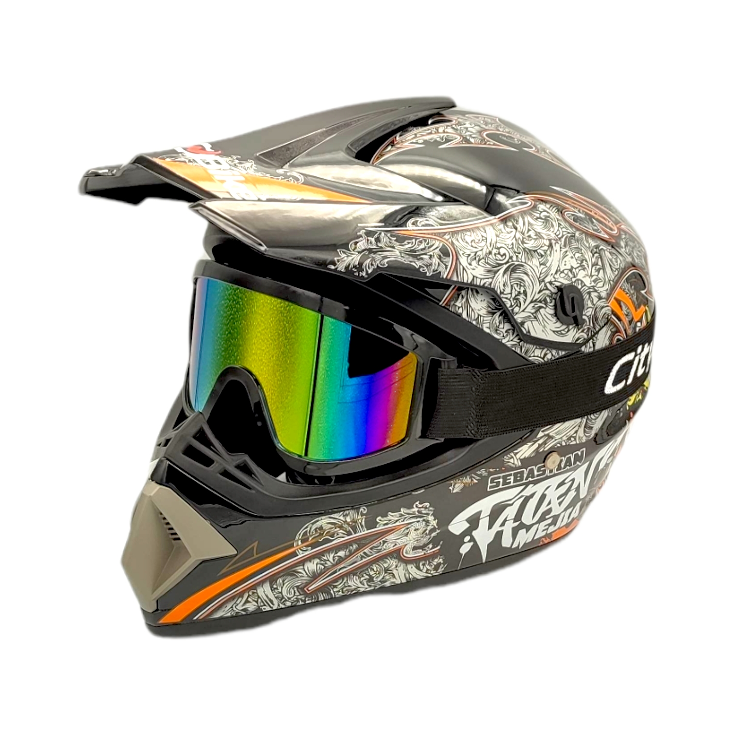 Výhodný MOTO SET: čierno oranžová helma a ochranné okuliare