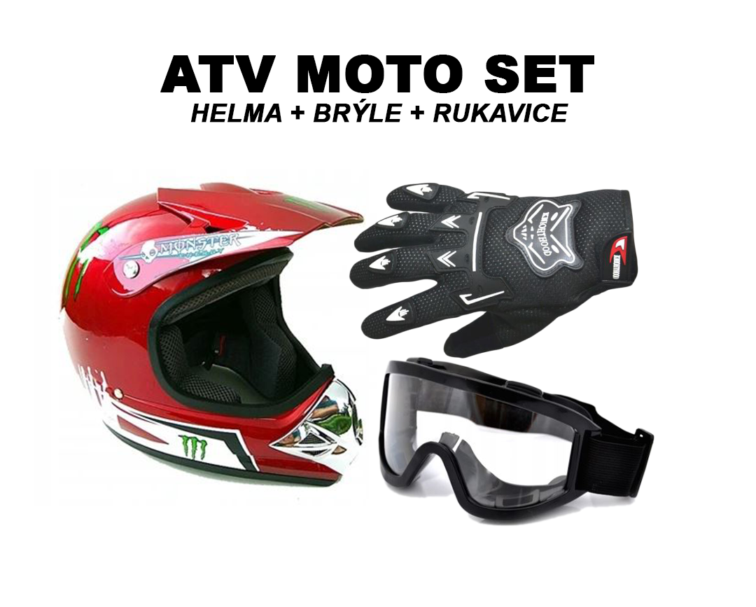 ATV moto set červená Helma Monster style (58-59)+ moto rukavice a okuliare