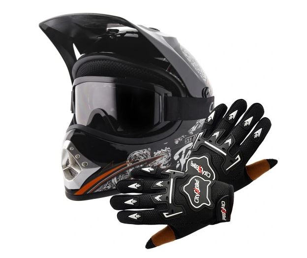 Atv detský moto cross set: čierna s oranž helma L (57-58), rukavice a okuliare