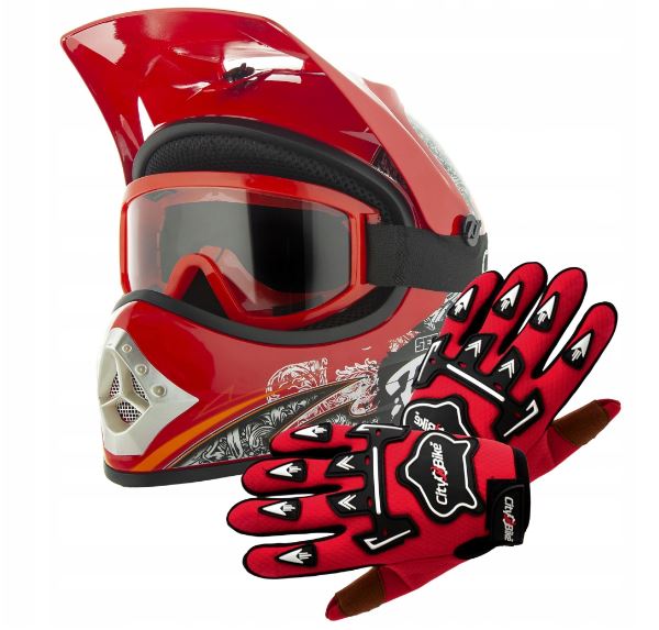 Atv detský moto cross set: červená helma S (53-54), rukavice a okuliare