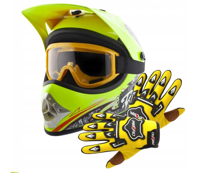 Atv detský moto cross set: žltá helma S (53-54), rukavice a okuliare
