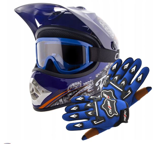 Atv detský moto cross set: modrá prilba M (55-56), rukavice a okuliare
