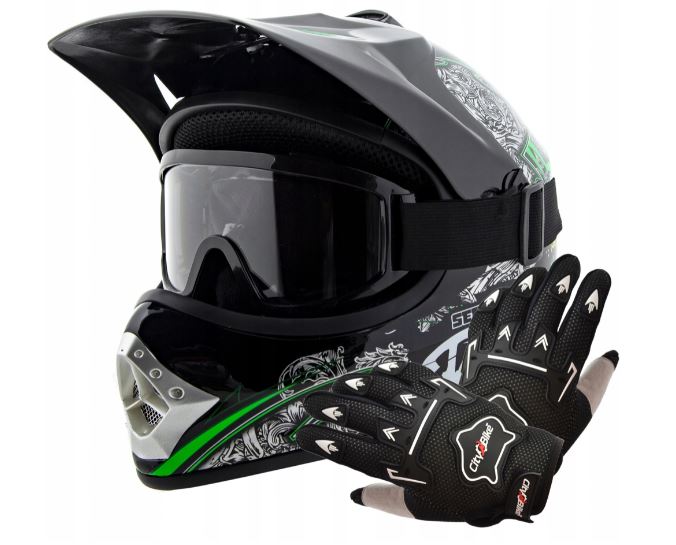 Atv detský moto cross set: čiernozelená helma M (55-56), rukavice a okuliare