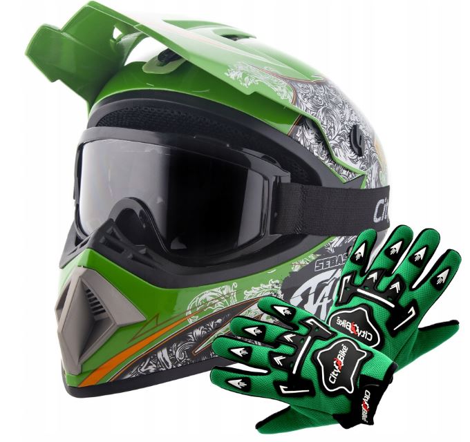 Atv akčný set: Helma racing TATAN zelená XS (53-54 cm) + rukavice a okuliare