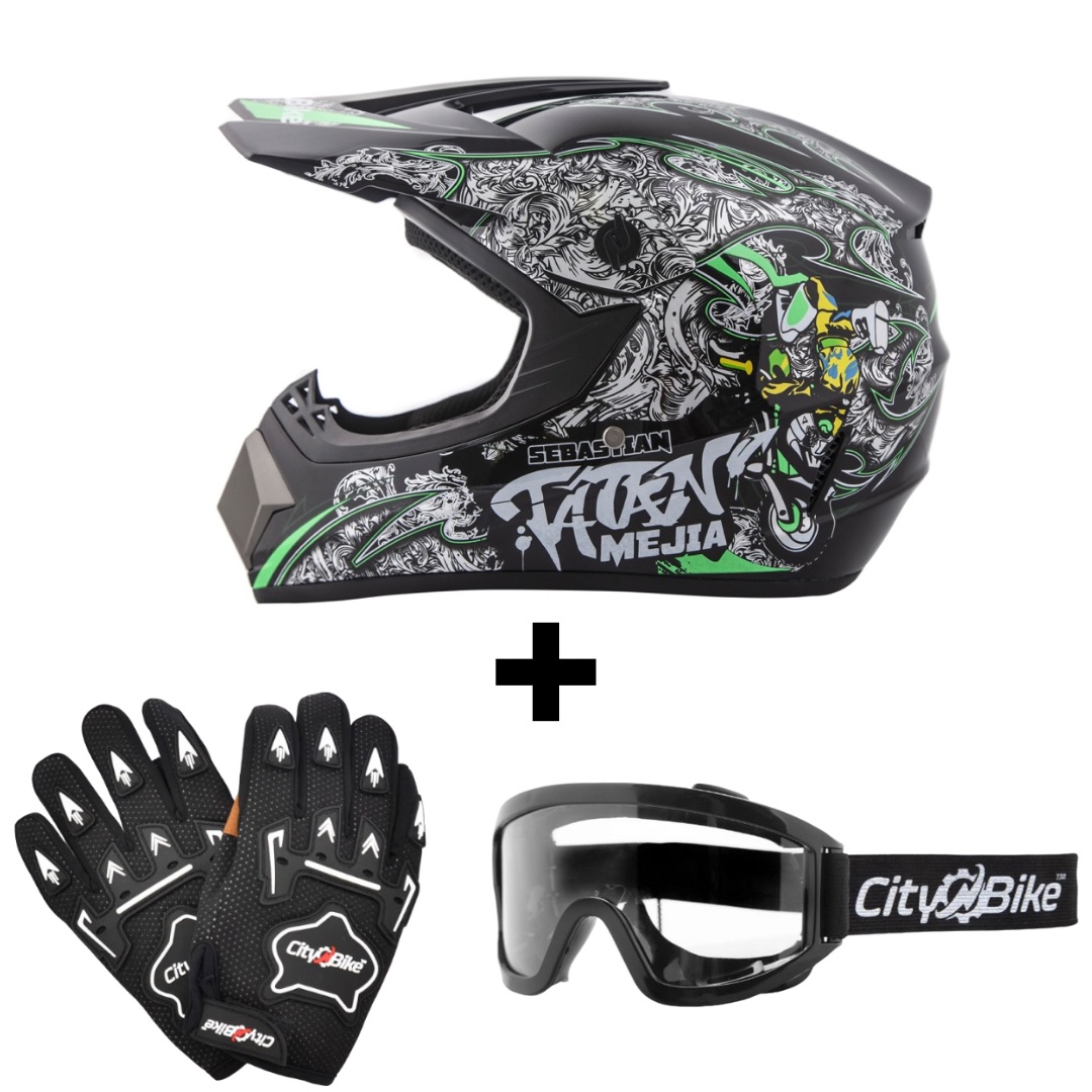 Akčný set: Helma racing TATAN čierno-zelená XS (53-54) + rukavice a okuliare