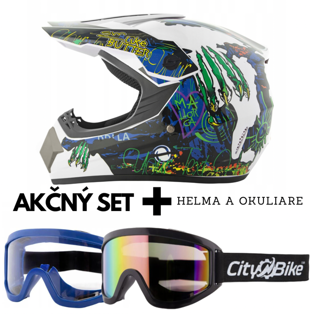 Výhodný MOTO SET:  biela MONSTER helma a ochranné okuliare