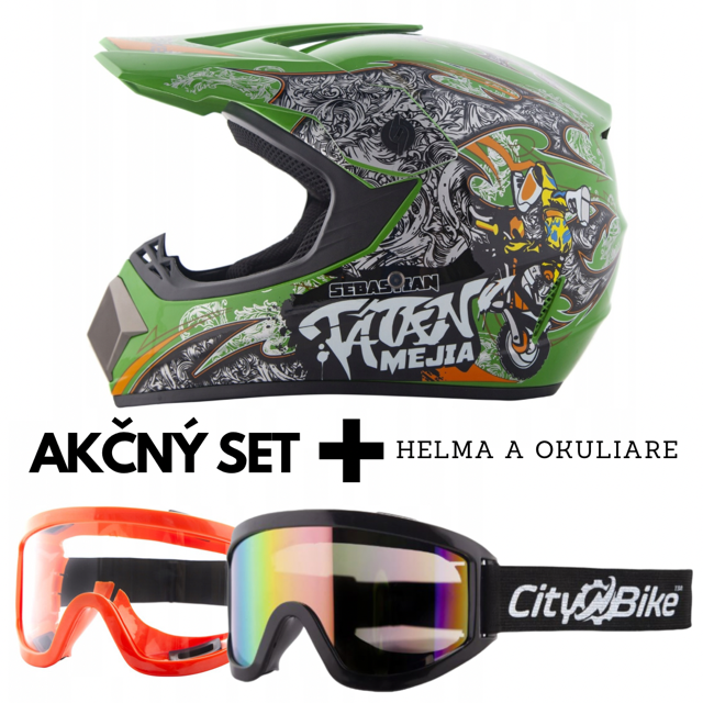 Výhodný MOTO SET: zelená helma a ochranné okuliare