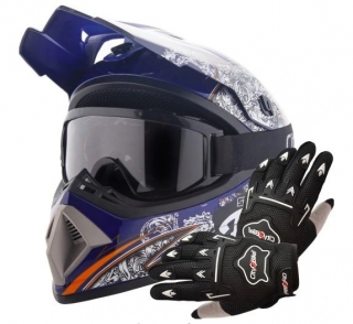 Atv akčný set: Helma racing TATAN modrá S (55-56) + rukavice a okuliare