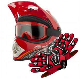 Atv detský moto cross set: červená helma XL, rukavice a okuliare