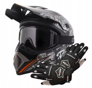 Akčný set: Helma racing TATAN čierno-oranžová L (59-60) + rukavice a okuliare