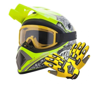 Akčný set: Helma racing TATAN žltá L (59-60 cm) + rukavice a okuliare