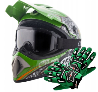 Atv akčný set: Helma racing TATAN zelená M (57-58 cm) + rukavice a okuliare