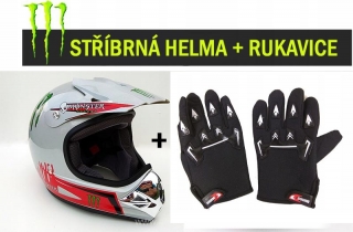Atv moto set: Helma Strieborná Monster style (58-59)+ rukavice