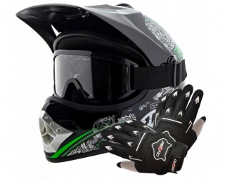 Atv detský moto cross set: čiernozelená helma XS (51-52), rukavice a okuliare