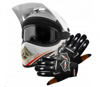 Atv detský moto cross set: biela helma XS (51-52), rukavice a okuliare