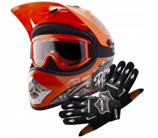 Atv detský moto cross set: oranžová helma M (55-56), rukavice a okuliare