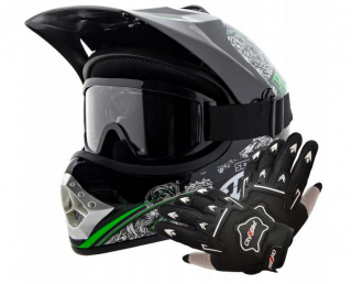 Atv detský moto cross set: čiernozelená helma L (57-58), rukavice a okuliare